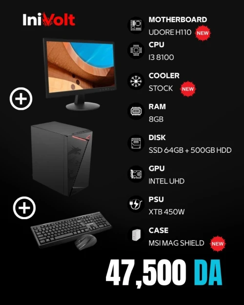 PC BUREAU COMPLET - I3 8100 - 8GB RAM