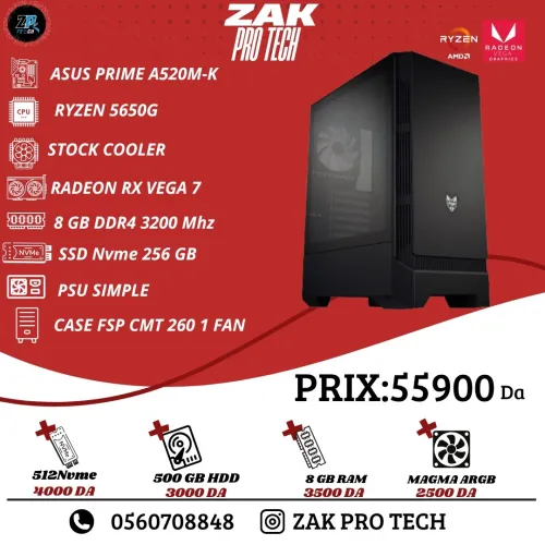 CONFIG RYZEN 5 5650G/RADEON VEGA 7/ASUS A520M-K/8GB DDR4/256SSD