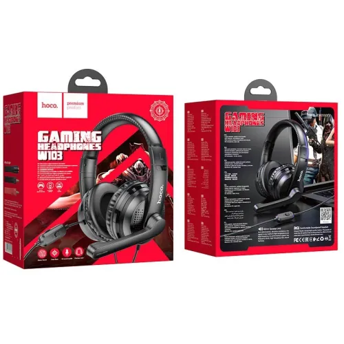 Hoco Casque Gaming W103 Stéréo Filaire Câble 1.2M-Noir Rouge