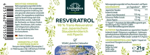 Unimedica Resveratrol + Pipérine 150mg avec 98 % de trans-resvératrol issu de renouée de Japon