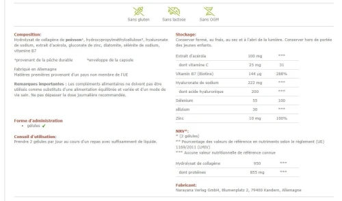 Unimedica Complexe collagene marin, acide hyaluronique, vitamines, mineraux 180 gélules Allemand