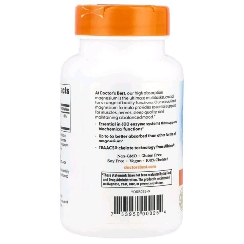 Doctor's Best Glycinate de magnésium lysinate à haute absorption 100% chélaté 100mg 12 unités