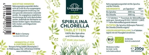 Unimedica Spiruline Bio et Chlorelle Bio 500 comprimés