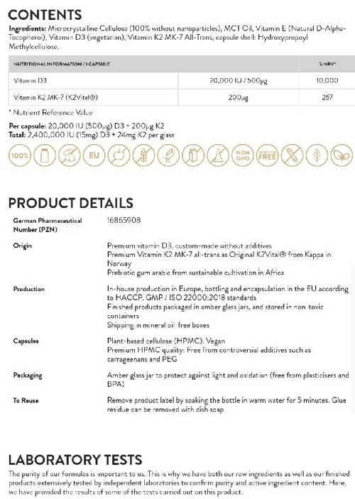Sunday VITAMINES D3 + K2 MK7 20 000 UI + 200 mcg VEGETARIEN