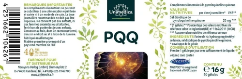 Unimedica PQQ (MGCPQQ) pyrroloquinoline quinone 20 mg par dose journalière (1 gélule) 60 gélules 