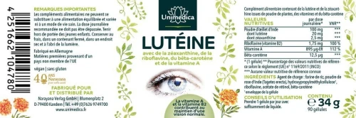 Unimedica Lutéine avec zeaxanthine + vitamine B2 + beta-carotene + vitamine A 90 gelules