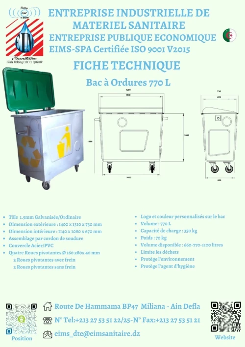 Bac à Ordure 770 L/660L/240L/60L (Poubelle métallique)