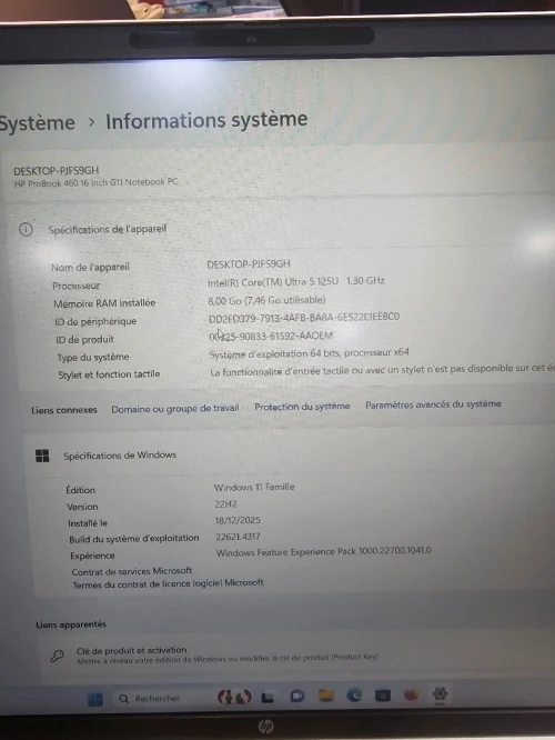 Hp PROBOOK 460G11 Ultra5 8g/ssd256g/Ecran 16 puce