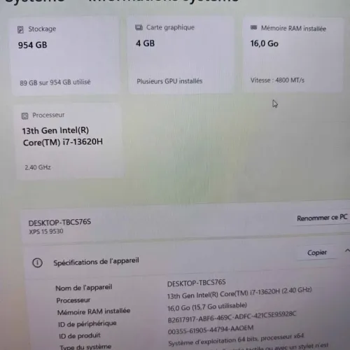 DELL XPS 15 9530 i7 13620H 16GO 1TO SSD INTEL ARC A370M 4GO