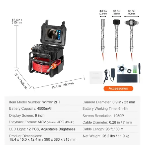 Caméra Endoscope Inspection Canalisation 50 m avec Écran 9'', Émetteur 512 Hz, Compteur de Distance, Étanche IP68, 12 LED, Carte SD 32 Go