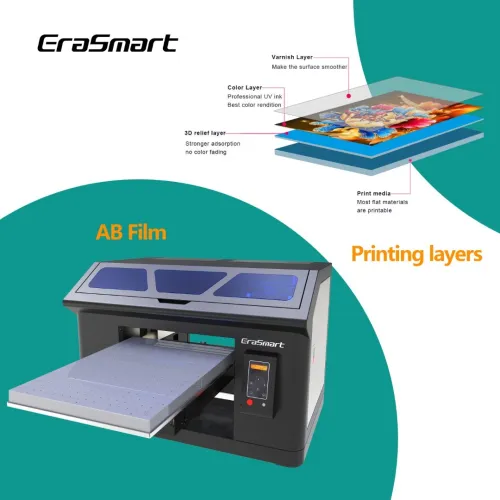 UV ERASMART Imprimante Printer UV à plat A3+(35/45 CM)+ DTF (autocollant de transfert) +rotative 360