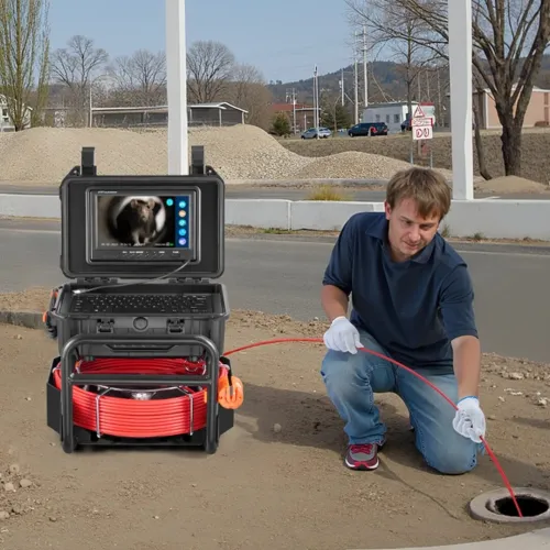 Caméra Endoscope Inspection Canalisation 50 m avec Écran 9'', Émetteur 512 Hz, Compteur de Distance, Étanche IP68, 12 LED, Carte SD 32 Go