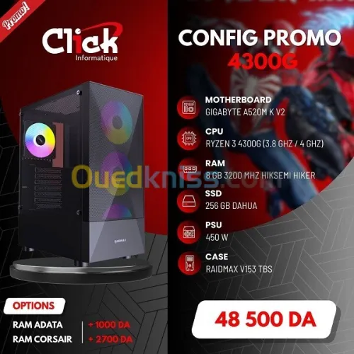 CONFIG / R3 4300G / 8GB RAM / 256GB SSD / A520M V2-GIGABYTE / 450W PSU /RAIDMAX V153 TBS