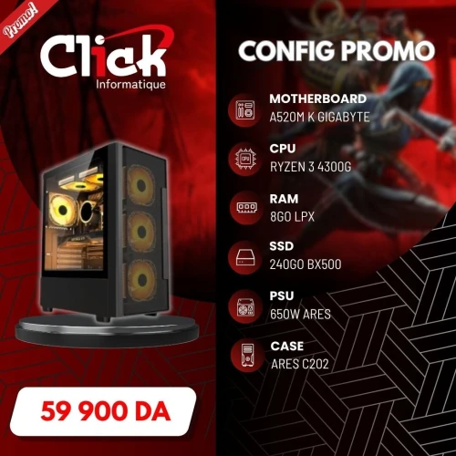 CONFIG /R3 4300G/RAM 8GO LPX /240GO SSD BX500/A520M K GIGABYTE V2/650W ARES/ARES C202