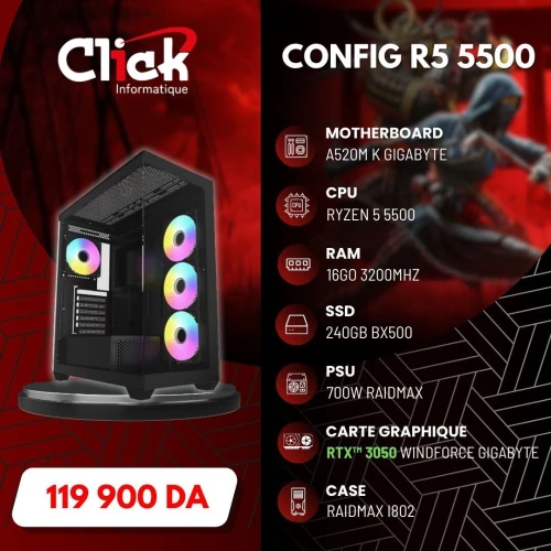 CONFIG /R5 5500/RTX 3050 WINDFORCE /RAM 16GO LPX/240GO SSD BX500/A520M K GIGABYTE/ RX700W/I802