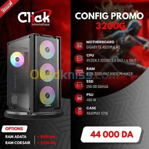 CONFIG / R3 3200G / 8GB RAM / 256GB SSD / A520M V2-GIGABYTE / 450W PSU /RAIDMAX V216