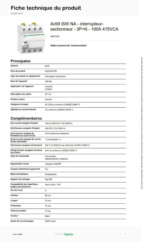 interrupteur-sectionneur Schneider Electric Acti9 iSW NA - 3P+N - 100A 415VCA  A9S70790