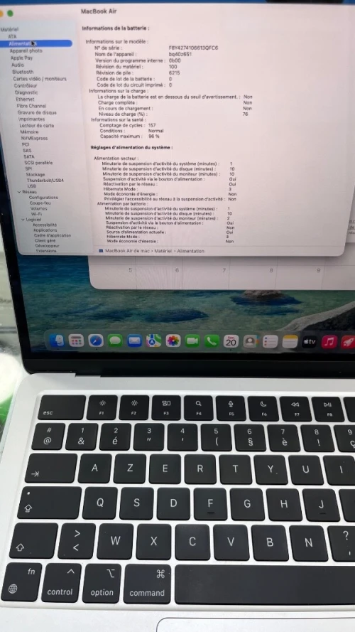 MACBOOK AIR  2024 M3 13.6'' 08RAM 256 SSD BATTERIE 96%