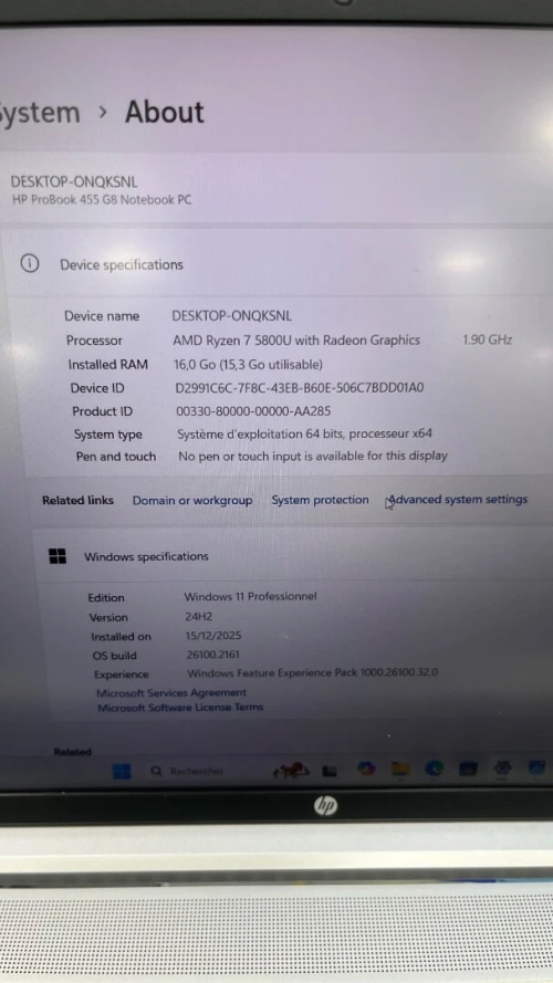HP PROBOOK 455 G8 AMD Ryzen 7 5800U 16RAM 512SSD AMD RADEON BATTERIE 3.5HEURES