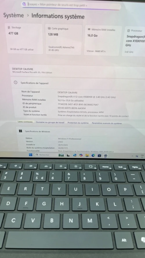 SURFACE PRO 11 Snapdragon(R) X 12-core 16RAM 512SSD BATTERIE CYCLE 22