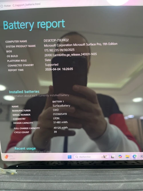 SURFACE PRO 11 Snapdragon(R) X 12-core 16RAM 512SSD BATTERIE CYCLE 39 AVEC STYLET