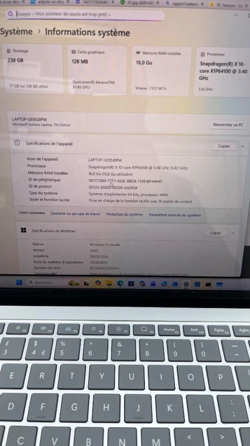 SURFACE LAPTOP 7 BUSINESS EDITION  Snapdragon(R) X 10-core 16RAM 256  SSD 13.8'' 2K TACTILE CARTE  GRAPHIC Qualcomm(R) Adreno(TM) X1-85 GPU  BATTERIE +5 HEURES ETAT NEUF GARANTIE 06 MOIS A2-6