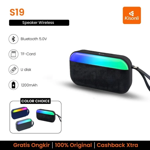 KISONLI S19 RGB Wireless Bluetooth Speaker -1200mAh Battery, LED Light, AUX/USB/FM, BT 5.0+EDR, Memory Card Slot, Portable for Outdoor, PC, Phone