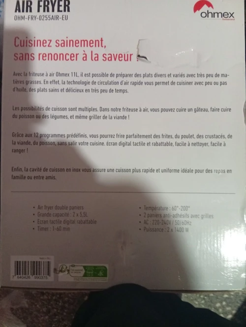 Friteuse sans huile Airfryer verticale Ohmex - Affichage digital, 2 tiroirs, 2x5,5L, 2x1400W