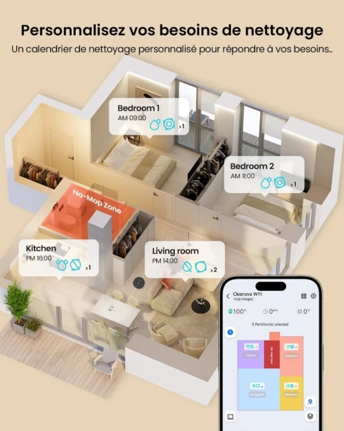 Robot Aspirateur Laveur 5000Pa,Cleanova W11 Aspirateur LAVEUR avec Vidange Automatique Poussière,Navigation LiDAR avec Cartographie,180min,Connecté par Alexa/APP,Idéal pour Tapis Poils d'animaux