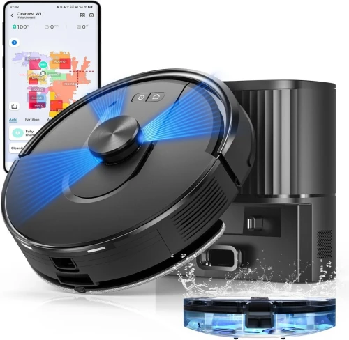 Robot Aspirateur Laveur 5000Pa,Cleanova W11 Aspirateur LAVEUR avec Vidange Automatique Poussière,Navigation LiDAR avec Cartographie,180min,Connecté par Alexa/APP,Idéal pour Tapis Poils d'animaux