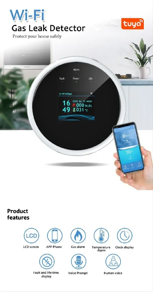 جهاز إنذار الغاز والميثان الذكي مع شاشة TFT وتنبيه عبر الجوال WiFi Combustible Gas & LPG Sensor with