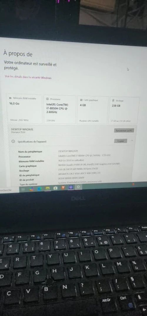 PC DELL PRECISION 7530 I7 8850H 16GO 256GO SSD QUADRO P1000 4GO GDDR5
