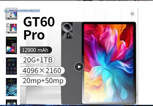 Tablette PC avec clavier universel, 20 Go de RAM, 1 To ROM, 14 pouces, Android 14, CPU 10 cœurs, Wifi, GPS, double SIM, 5G, Ecran 4K, appels téléphoniques, etc. GT60 Promax
