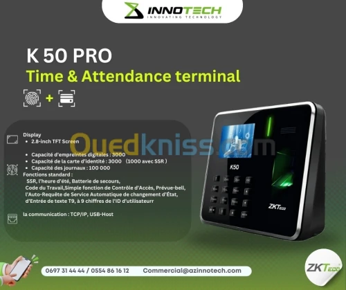 Pointeuse Biométrique ZKTeco K50 (K40/50PRO/MB160/MB360/MB560/HORUS TL1/ UFACE800 PRO)