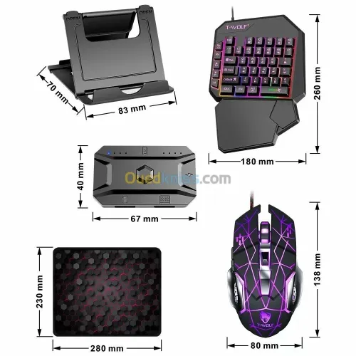 Kit Gaming 5 in 1 Clavier & Souris & Tapis de Souris & Convertisseur et support TF950 T-WOLF