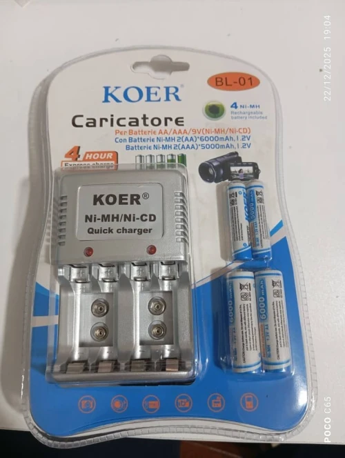 Chargeur de piles Koer rechargeable Compatible avec AAA/AA/9V AVEC 4 PILES RECHARGEABLE