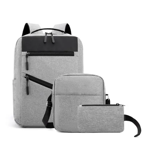 Sac à dos homme avec sac bandoulière et trousse 3en1 gris 12777-5  محفظة ظهر رجالية 3 قطع رمادي واسود