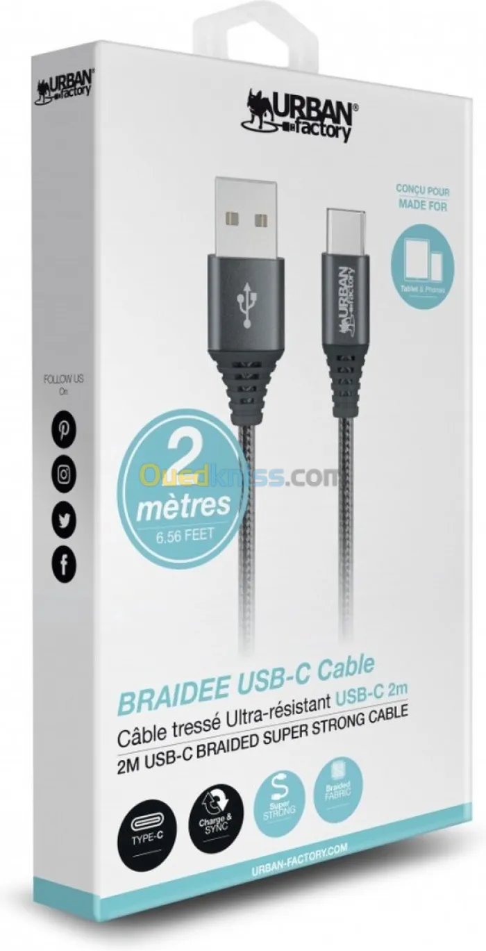 Câble USB Type-C Tressé Ultrarésistant 2 Mètres