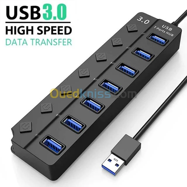 Hub USB 3.0 7 Ports USB Avec Interrupteur Marche/Arrêt Pour PC Linux MacOS Model:507