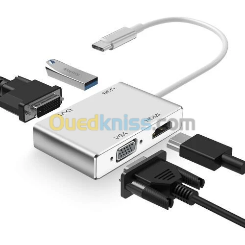 Adaptateur 4 en 1 USB Type-C vers HDMI / DVI / VGA / USB 3.0