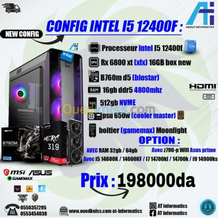CONFIG PC INTEL I5 12400F AVEC RX 6800 XT 16GB XFX BOX NEW Not refurbished