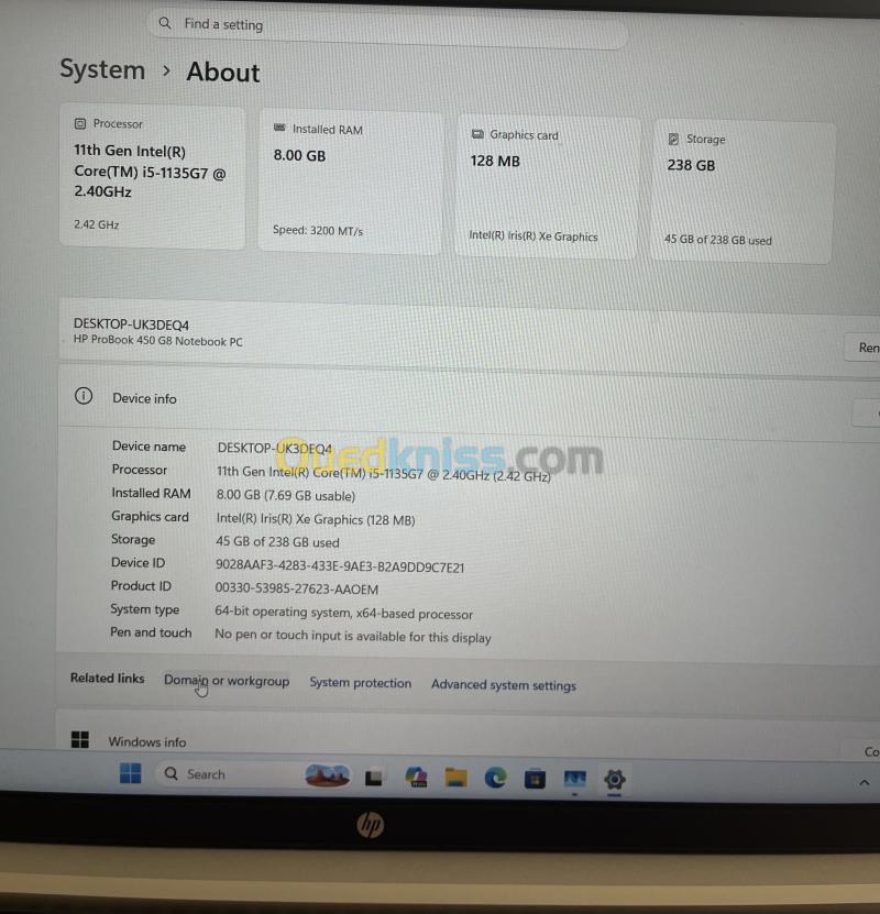 HP ProBook 450 G8 i5 11ème Gen (8GB / 256GB SSD) - Clean 3