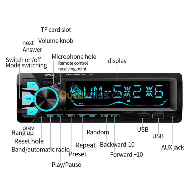 Poste Radio Voiture 1DIN Bluetooth  7 Couleurs et Chargeur USB 2.1A 5