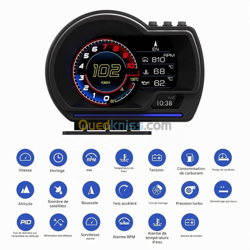 Affichage Tête Haute HUD Automobile  OBD2 + GPS, Écran LCD et 10 Alarmes 11
