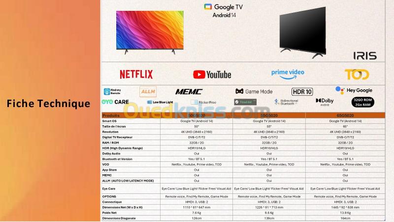 TELEVISEUR IRIS 55 G5020 ANDROID 14 GOOGLE TV 55POUCES UHD 4K 16