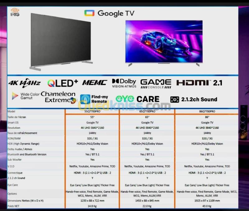 TV IRIS 65" Gaming TV 144 HRZ QLED PRO Q7700 GOOGLE TV SMART ANDROID 65 POUCES 7