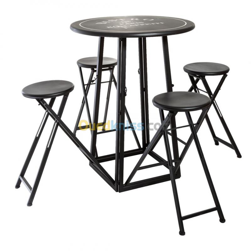  Table 4 chaises d'extérieur, métal, noir et blanc, D77,5 cm