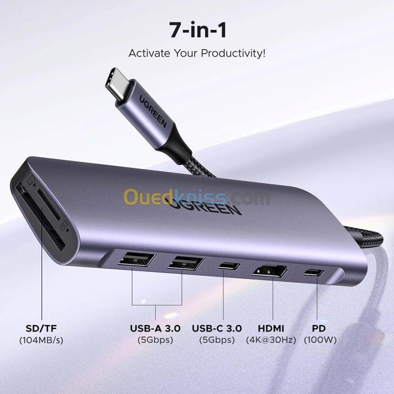 HUB Ugreen 7 en 1 USB-C type-c vers HDMI 4K, USB-A, USB-C, USB-C PD 100W, SD/TF 2