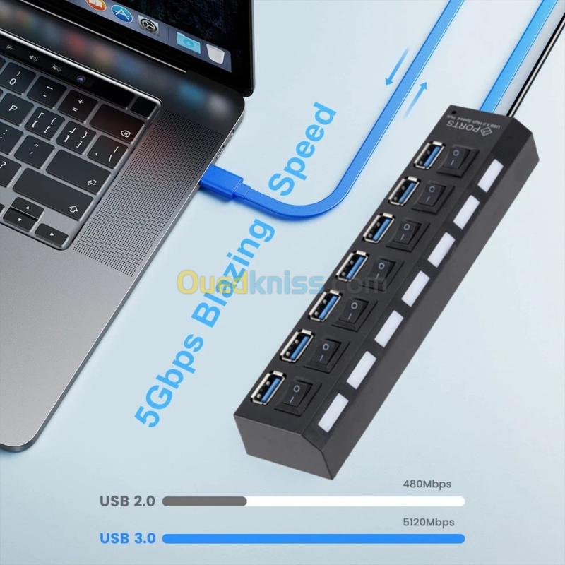 Hub USB 3.0 HI-Speed 7 Ports USB Avec Interrupteur Marche/Arrêt Pour PC MacOS 4