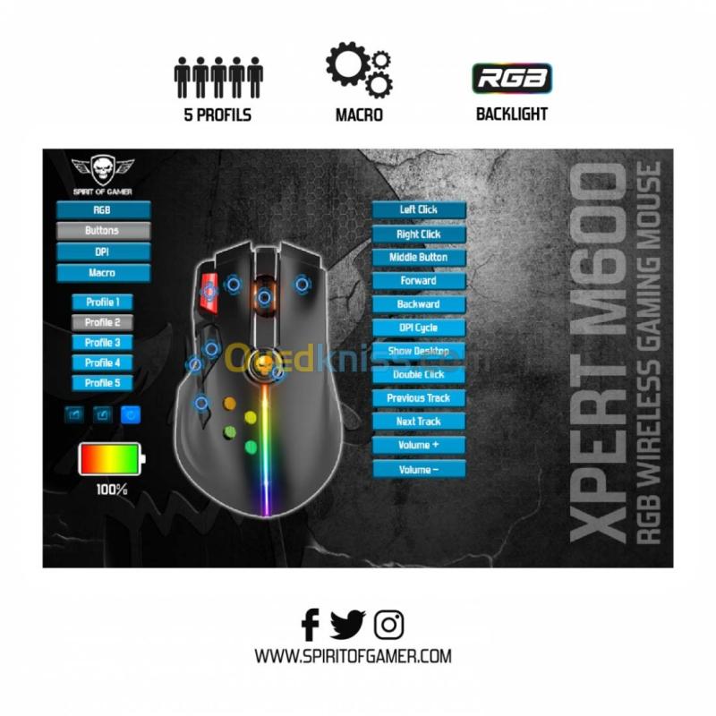Souris sans-fil 2.4ghz Gaming Rechargeable 800mAh Spirit Of Gamer XPERT-M600 10000dpi 12 boutons 4